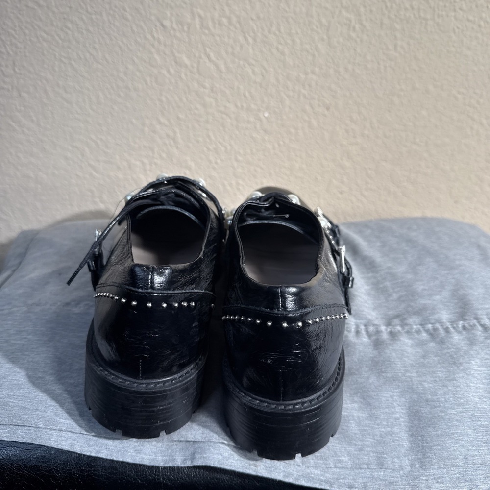 Zara Patent Leather Shoes Women Size 39, 8 Black Stud Pearl Oxford Lug Sole Prep - Picture 6 of 7